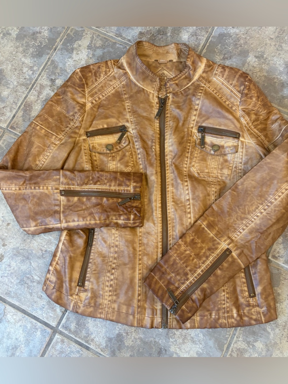 Jou Jou Cognac Faux Leather Moto  jacket Y2K size L full zip